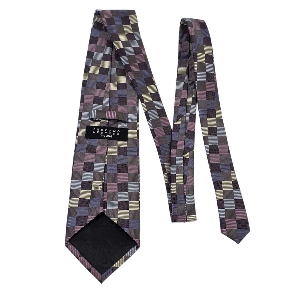 BERGAMO NEW YORK X-LONG Plaid Silk‎ Blend Necktie Men's Multicolor Church Office
